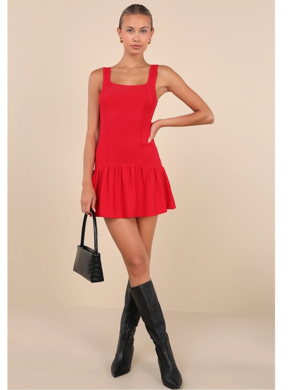Lulus Playful Attitude Red Sleeveless Seamed Drop-Waist Ruffle-Hem Mini Dress L